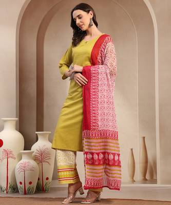 Women yellow solid print kurta palazzo with dupatta set stitched 3