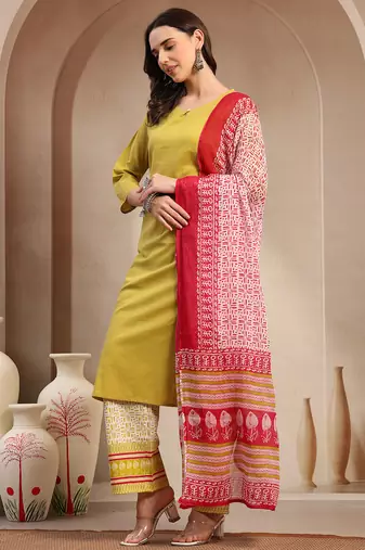 Women yellow solid print kurta palazzo with dupatta set stitched