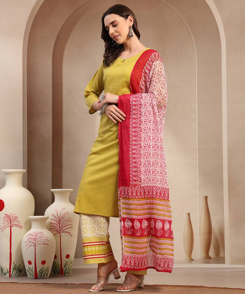 Women yellow solid print kurta palazzo with dupatta set stitched