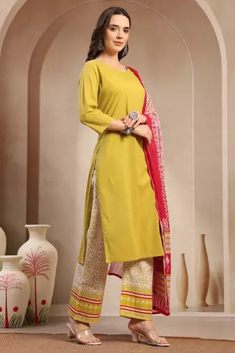 Women yellow solid print kurta palazzo with dupatta set stitched