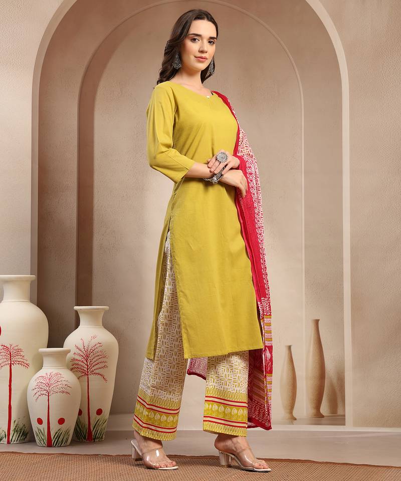 Women yellow solid print kurta palazzo with dupatta set stitched