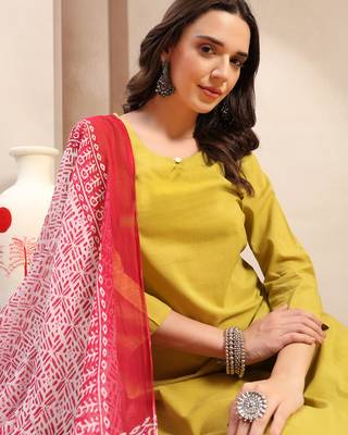 Women yellow solid print kurta palazzo with dupatta set stitched 5