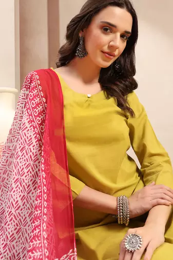 Women yellow solid print kurta palazzo with dupatta set stitched