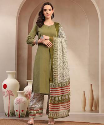 Women green solid print kurta palazzo with dupatta set stitched 1