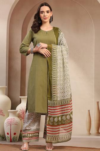 Women green solid print kurta palazzo with dupatta set stitched