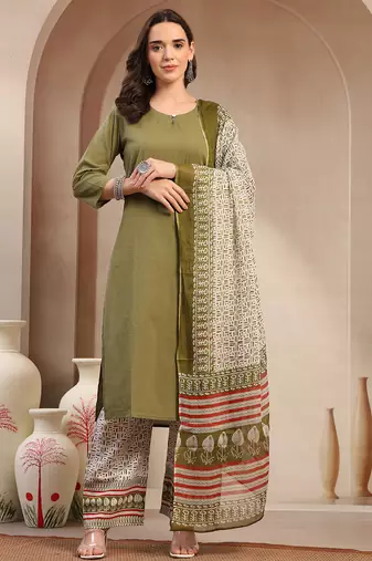 Women green solid print kurta palazzo with dupatta set stitched