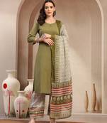 Women green solid print kurta palazzo with dupatta set stitched
