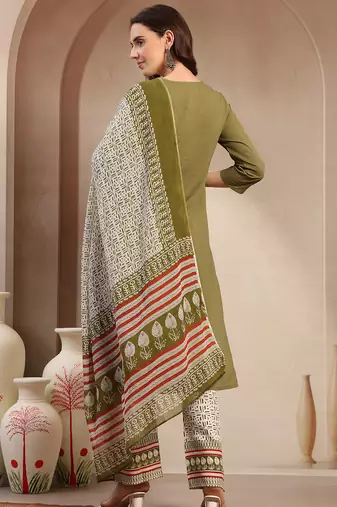 Women green solid print kurta palazzo with dupatta set stitched