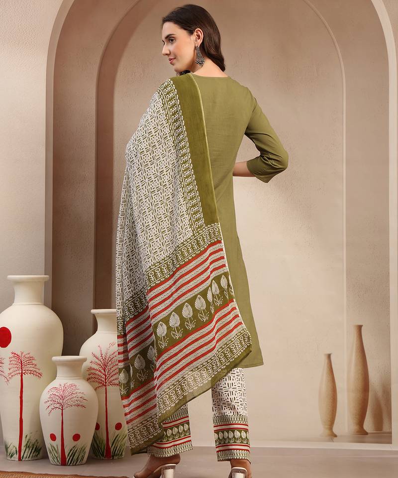 Women green solid print kurta palazzo with dupatta set stitched