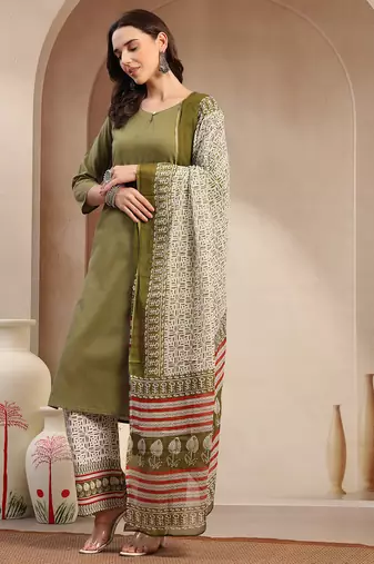Women green solid print kurta palazzo with dupatta set stitched