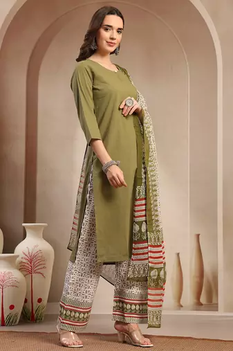 Women green solid print kurta palazzo with dupatta set stitched