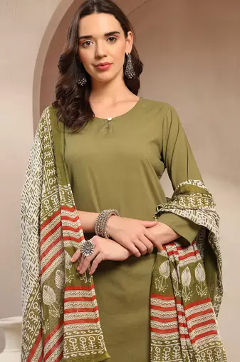 Women green solid print kurta palazzo with dupatta set stitched