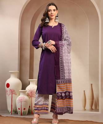Women purple solid print kurta palazzo with dupatta set stitched 1