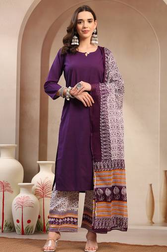 Women purple solid print kurta palazzo with dupatta set stitched