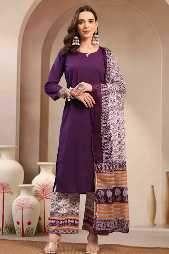 Women purple solid print kurta palazzo with dupatta set stitched