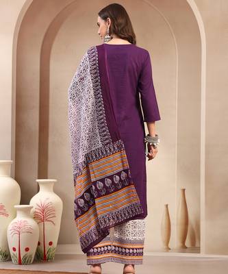 Women purple solid print kurta palazzo with dupatta set stitched 2
