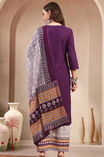 Women purple solid print kurta palazzo with dupatta set stitched