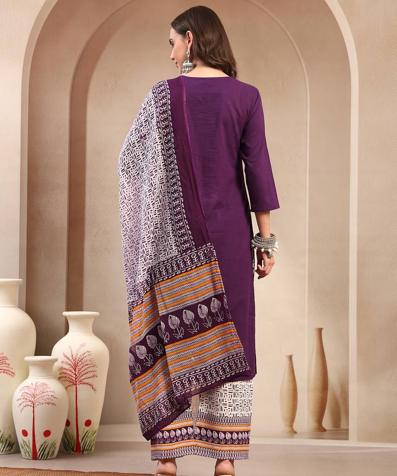 Women purple solid print kurta palazzo with dupatta set stitched