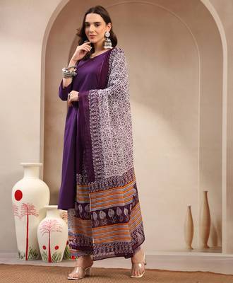 Women purple solid print kurta palazzo with dupatta set stitched 3