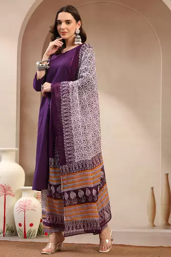 Women purple solid print kurta palazzo with dupatta set stitched