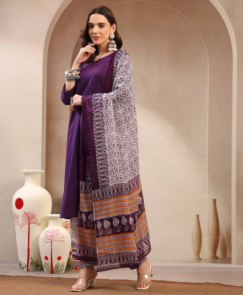 Women purple solid print kurta palazzo with dupatta set stitched