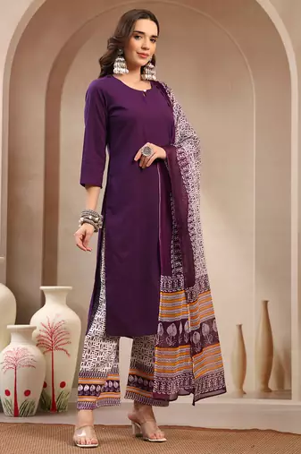 Women purple solid print kurta palazzo with dupatta set stitched