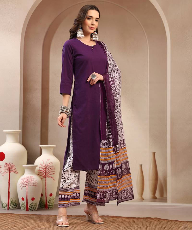 Women purple solid print kurta palazzo with dupatta set stitched