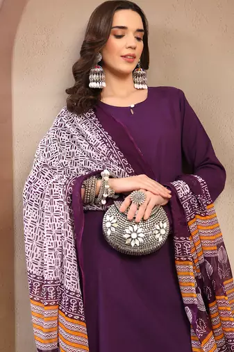 Women purple solid print kurta palazzo with dupatta set stitched