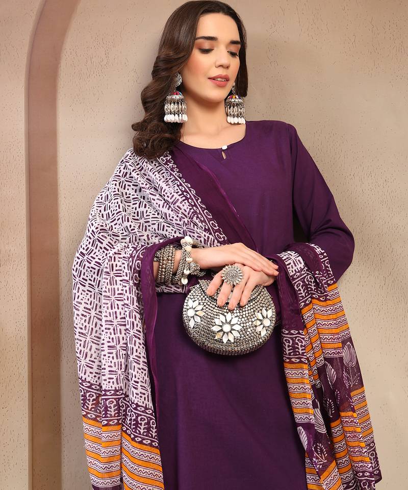 Women purple solid print kurta palazzo with dupatta set stitched