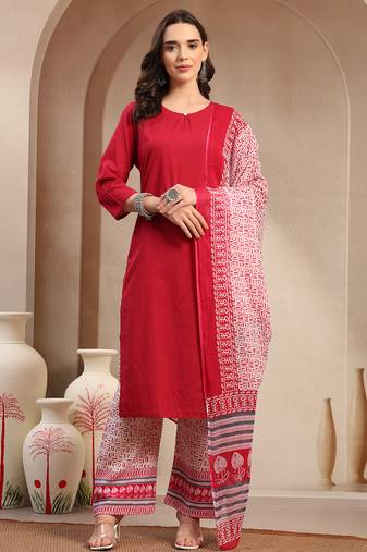 Women red solid print kurta palazzo with dupatta set stitched