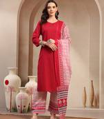 Women red solid print kurta palazzo with dupatta set stitched