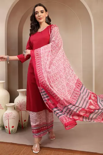 Women red solid print kurta palazzo with dupatta set stitched