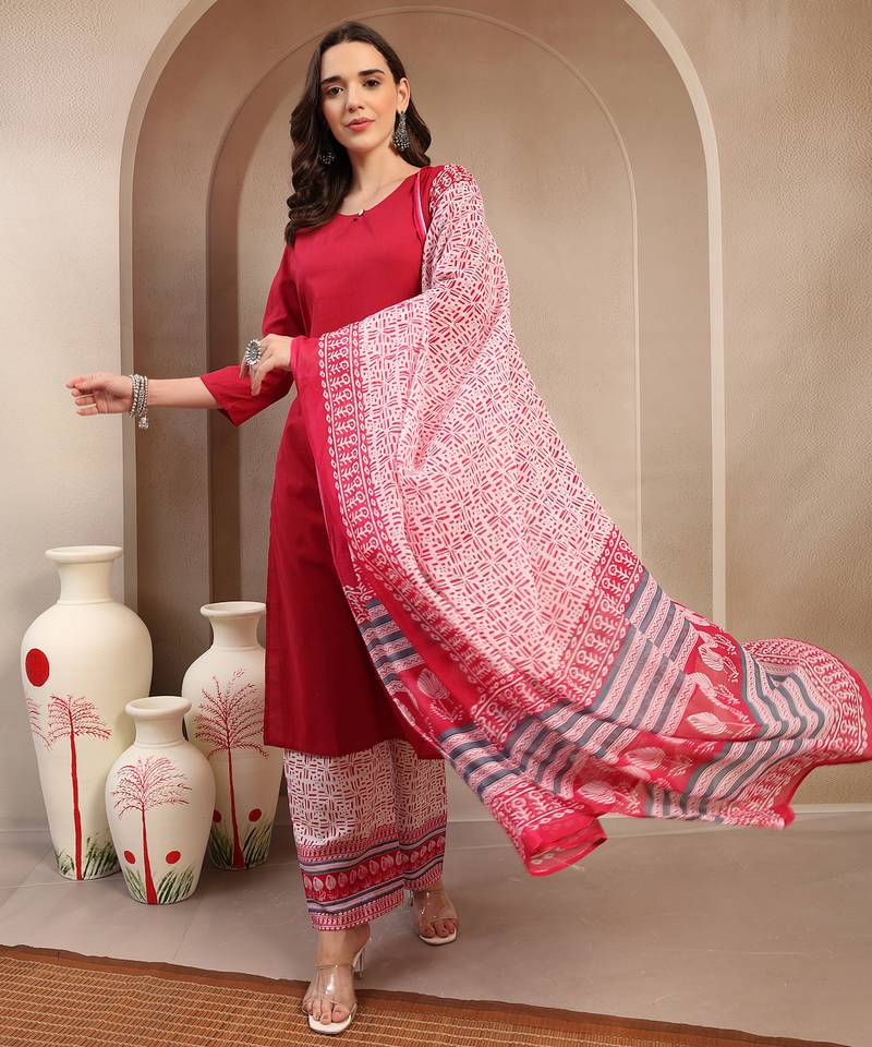 Women red solid print kurta palazzo with dupatta set stitched