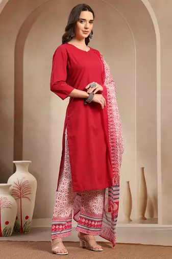 Women red solid print kurta palazzo with dupatta set stitched