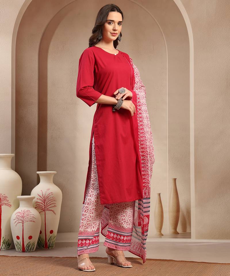 Women red solid print kurta palazzo with dupatta set stitched