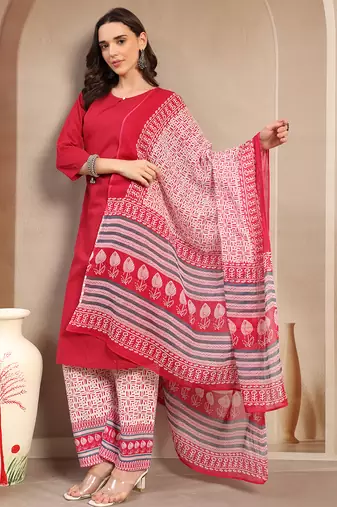 Women red solid print kurta palazzo with dupatta set stitched