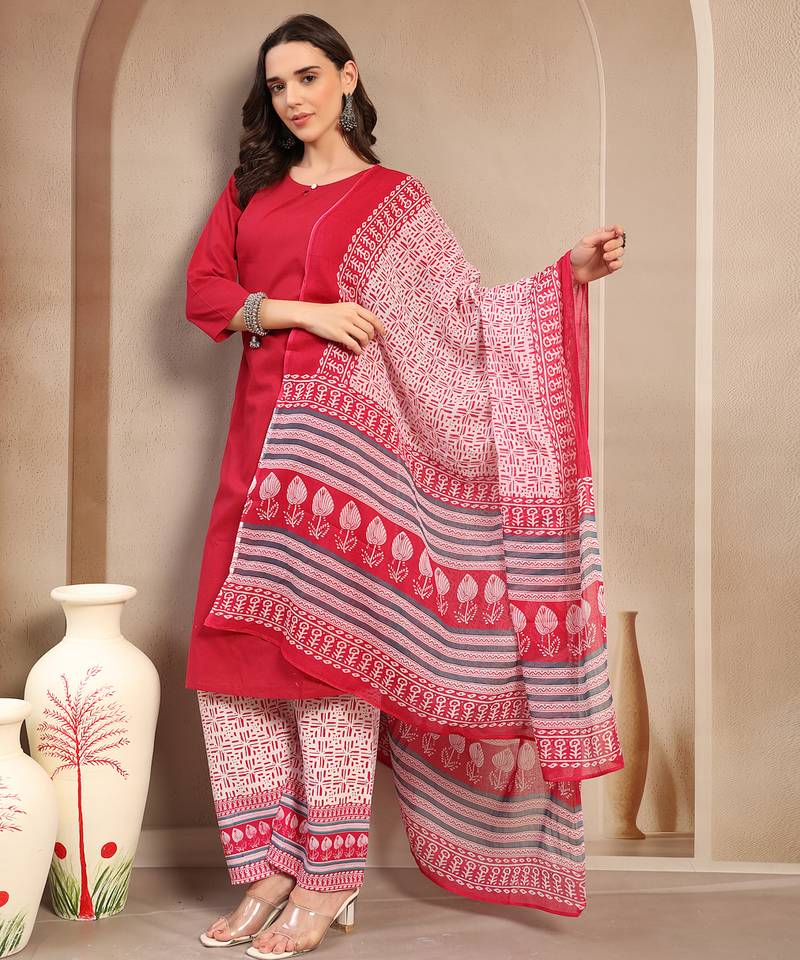 Women red solid print kurta palazzo with dupatta set stitched