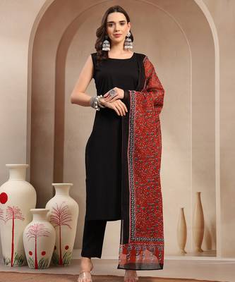 Women black red solid print kurta pant  with dupatta set stitched 1