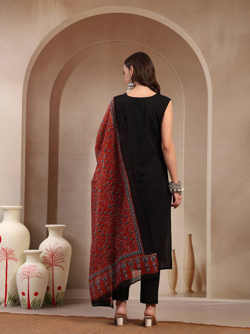 Women black red solid print kurta pant  with dupatta set stitched