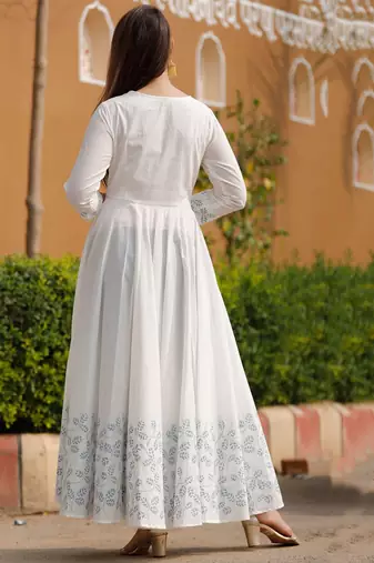 Women white printed anarkali kurta with dupatta set stitched