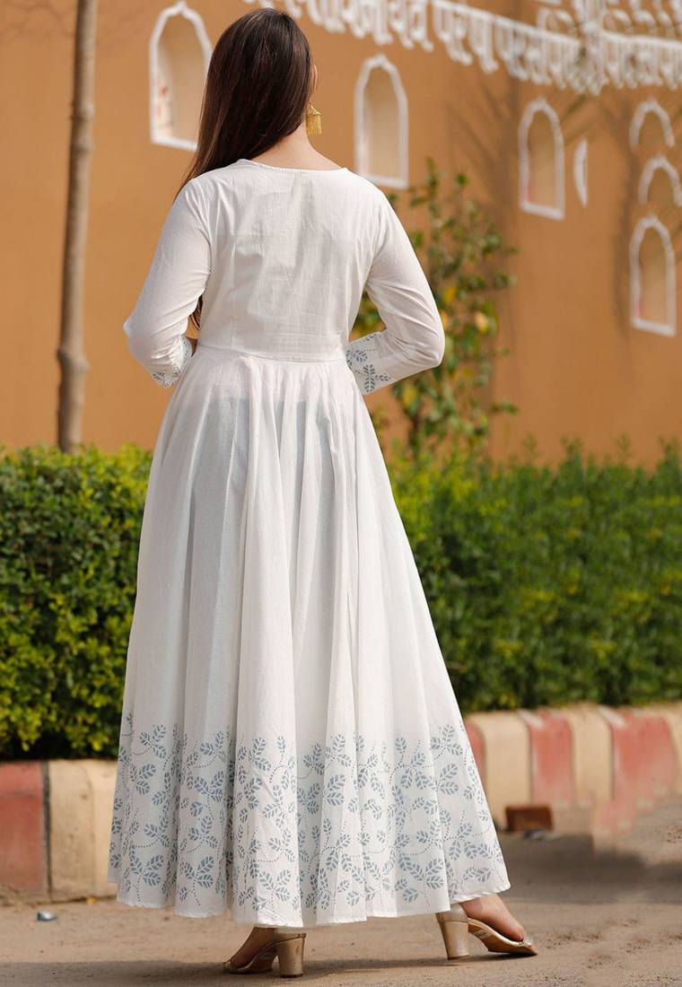 Women white printed anarkali kurta with dupatta set stitched