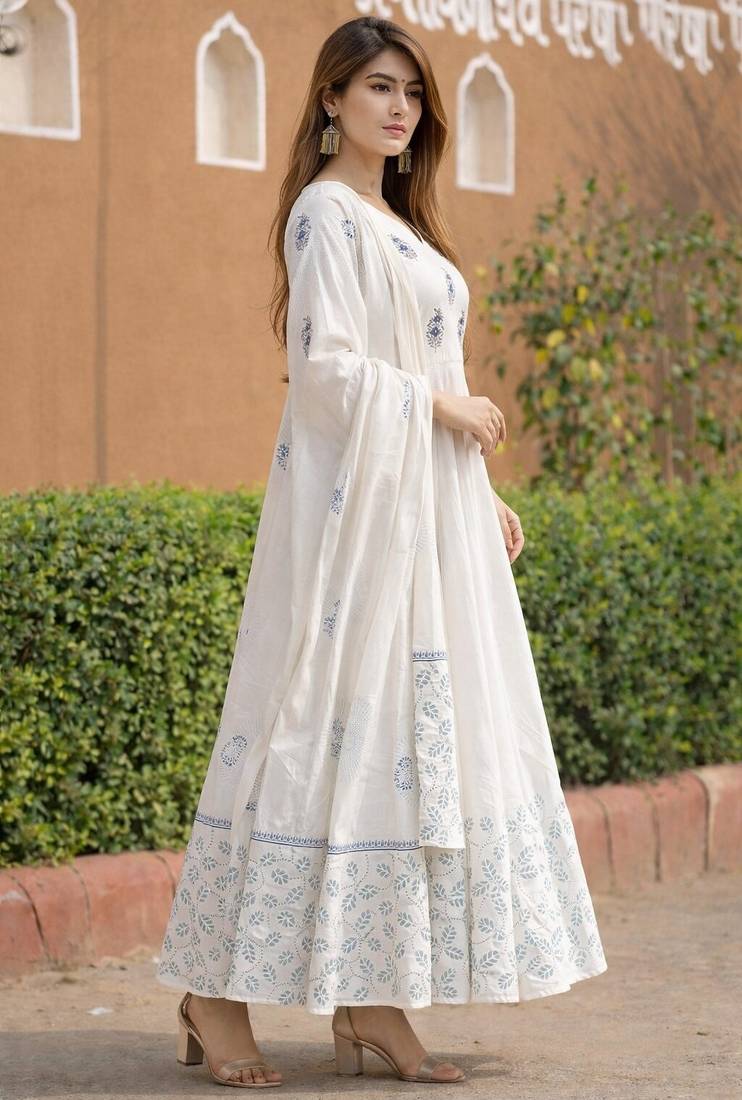 Women white printed anarkali kurta with dupatta set stitched