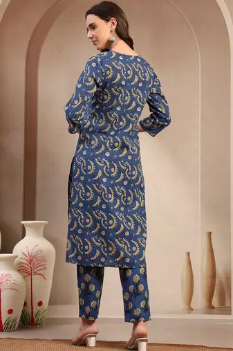 Women blue printed straigth kurta with pyjama  set stitched