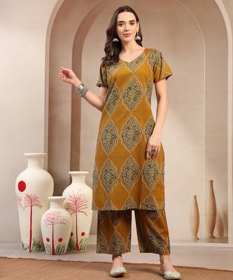 Women yellow printed straigth kurta with pyjama  set stitched 1