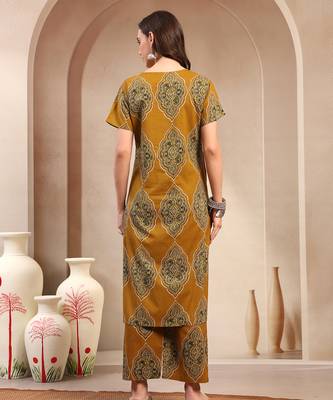 Women yellow printed straigth kurta with pyjama  set stitched 2