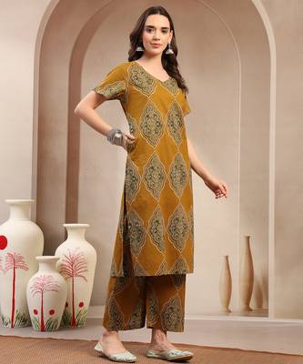 Women yellow printed straigth kurta with pyjama  set stitched 3