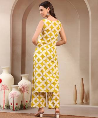 Women yellow printed straigth kurta with pyjama  set stitched 2