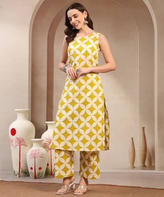 Women yellow printed straigth kurta with pyjama  set stitched 3
