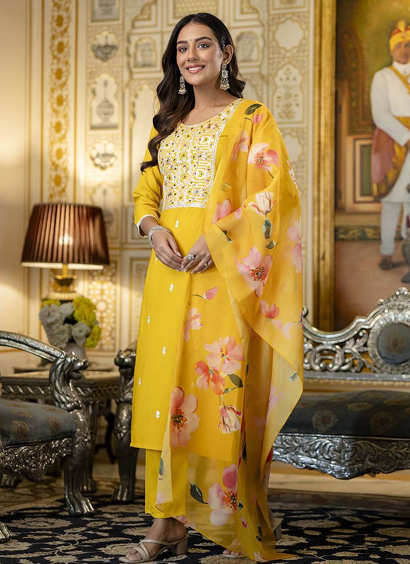 Rayon embroidered salwar kameez in yellow