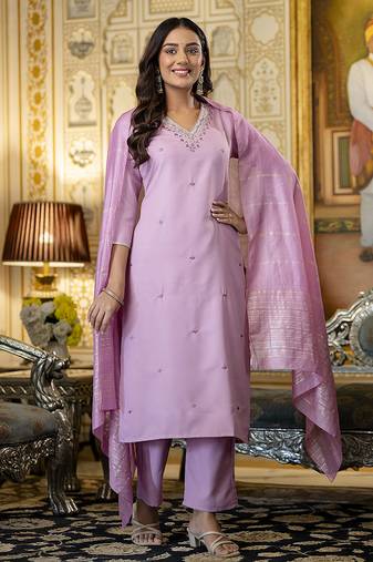 Pink color embroidered viscose rayon kurta set
